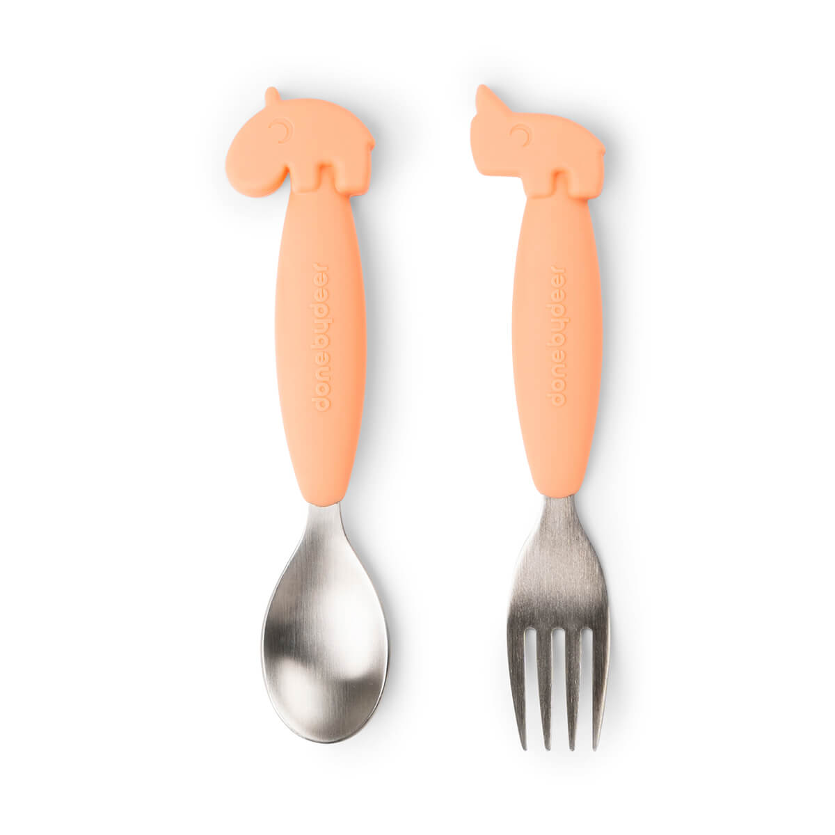 Easy-grip spoon and fork set - Deer friends - Coral