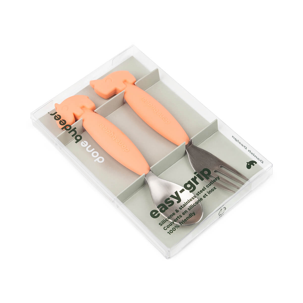 Easy-grip spoon and fork set - Deer friends - Coral