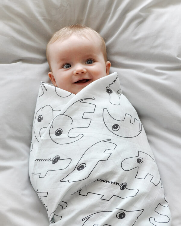 Baby swaddled all up in Done by Deer swaddle with Deer friends