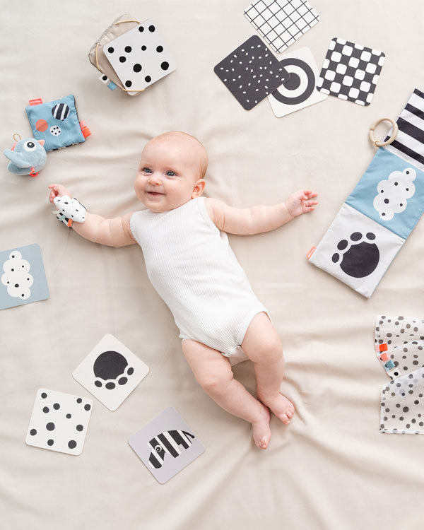 Baby with high-contrast coloured baby toys