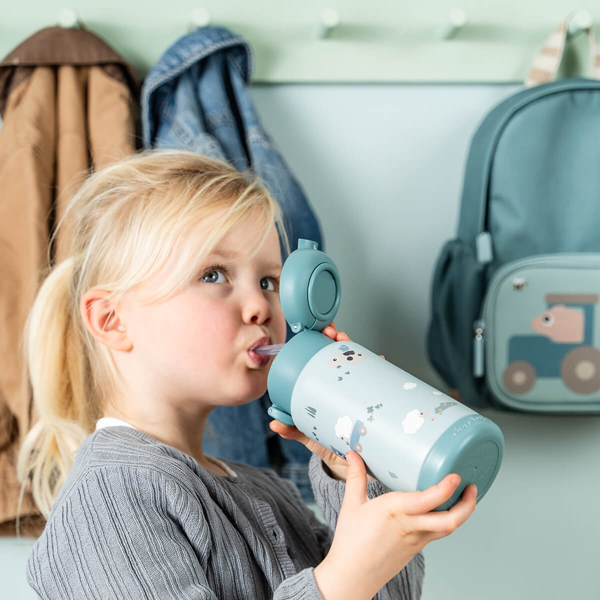 Insulated straw bottle - Tiny farm - Blue - 340 ml