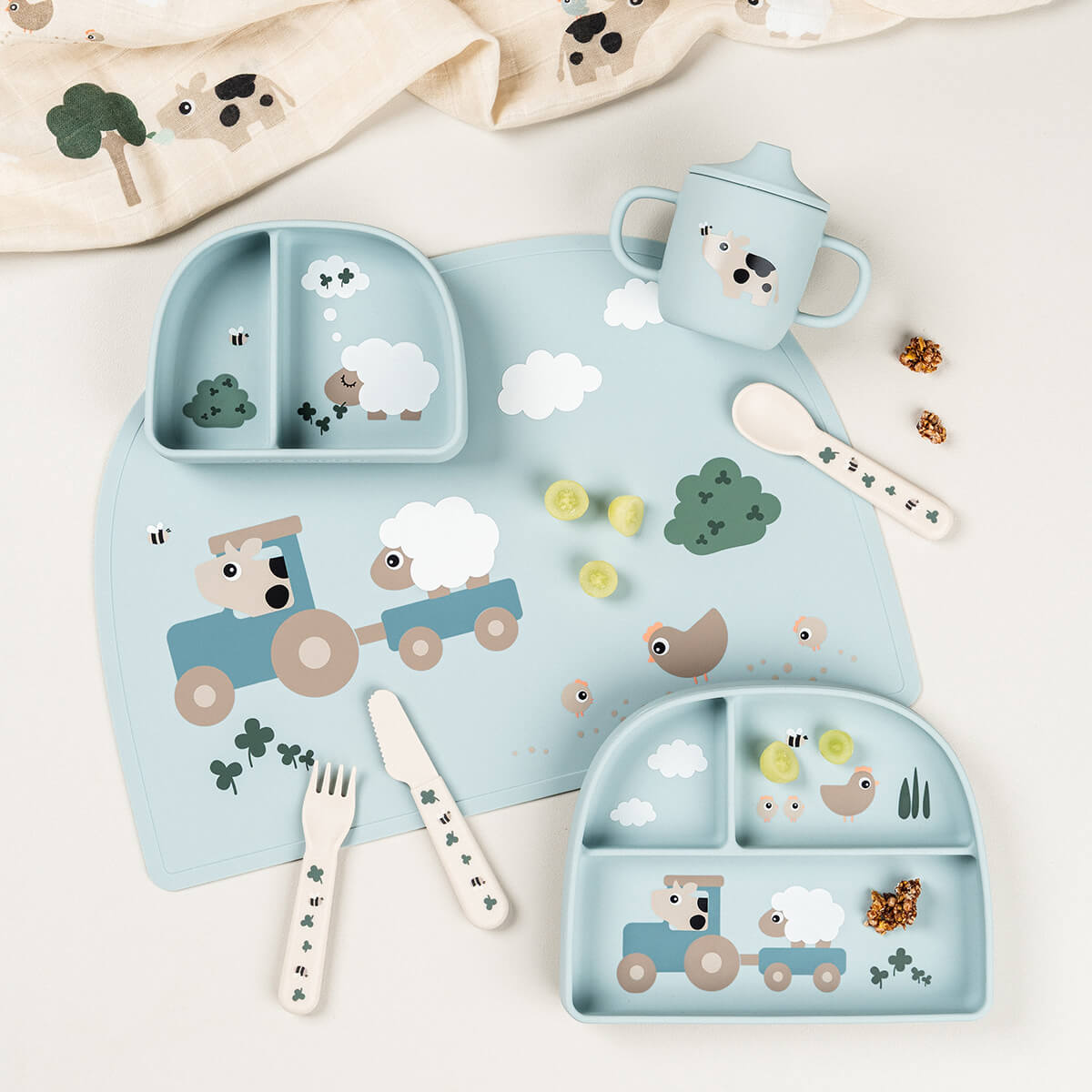 Silicone placemat - Tiny farm - Blue