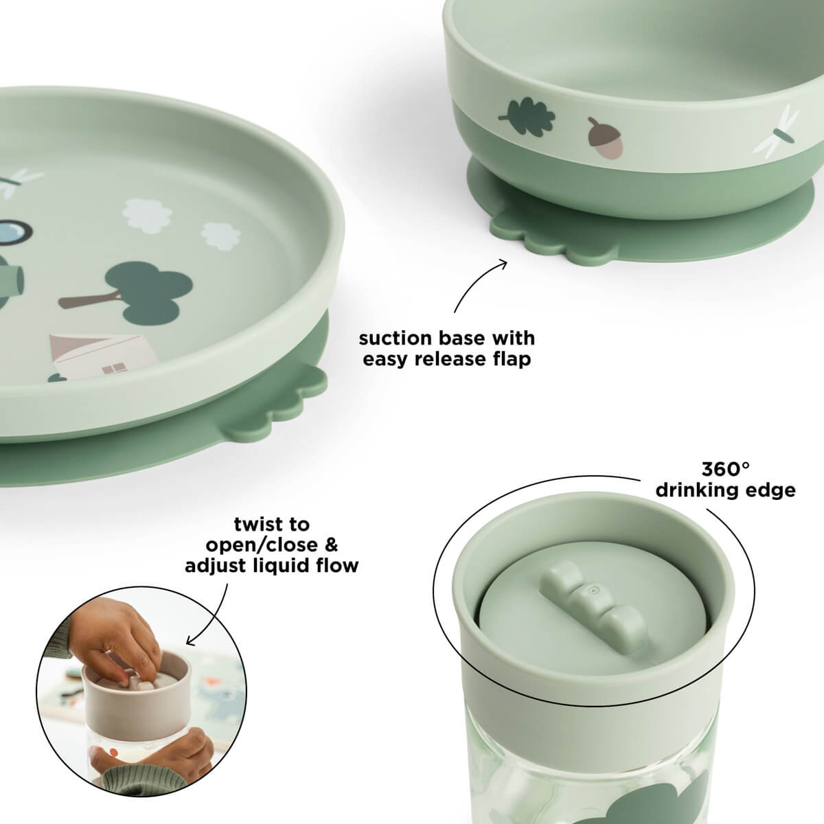 Foodie dinner set w/360° cup - Tiny trails - Green