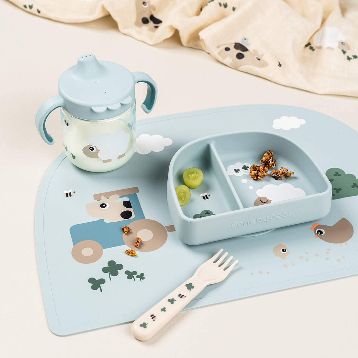 Stick&Stay compartment bowl - Tiny farm - Blue