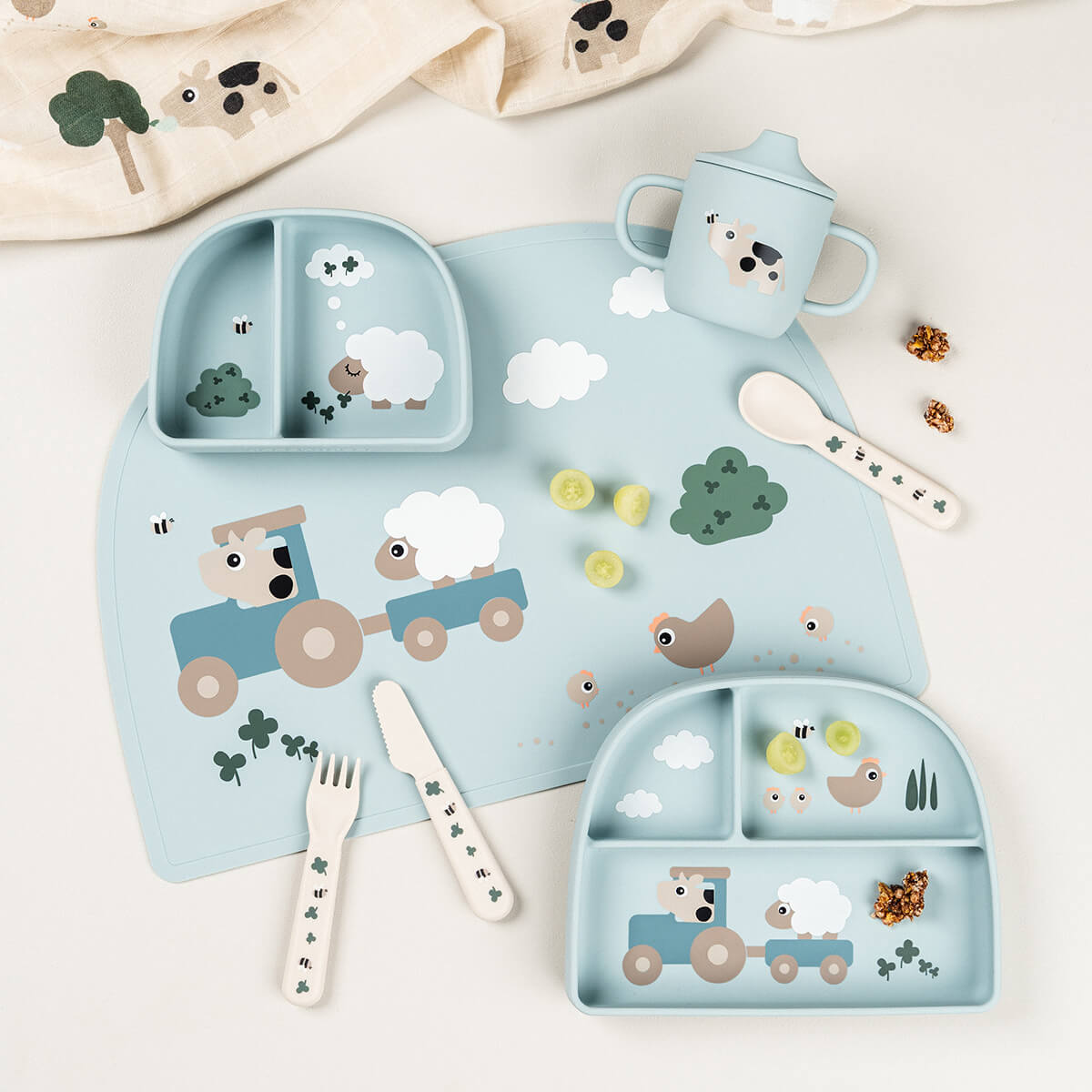 Stick&Stay compartment bowl - Tiny farm - Blue