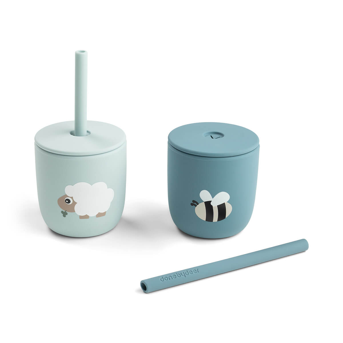 Silicone straw cup 2-pack - Tiny farm - Blue