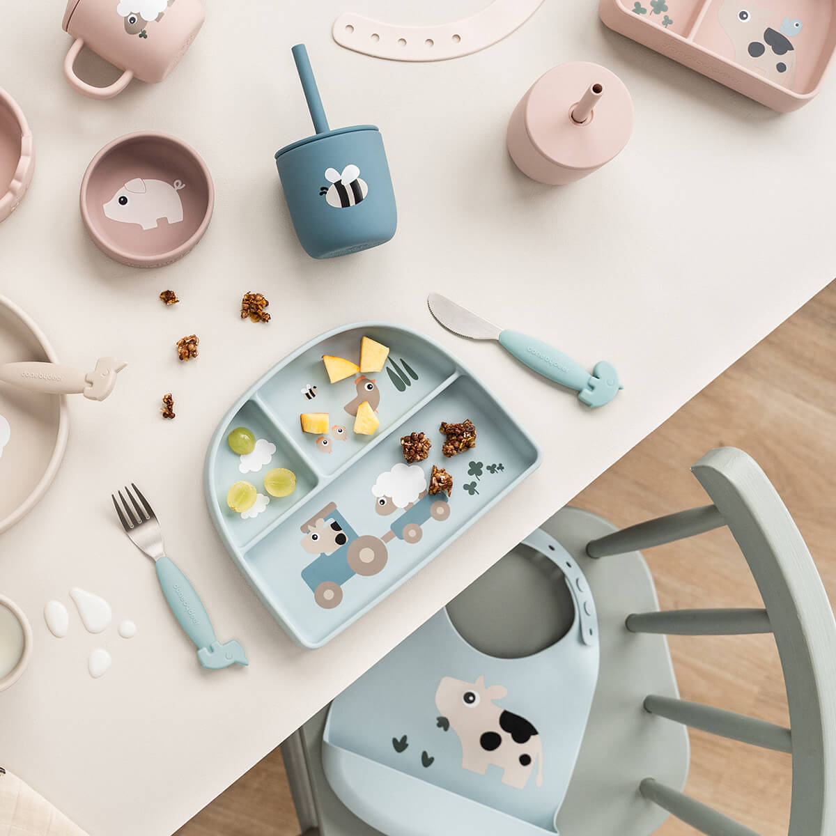 Lot de 2 gobelets à paille en silicone - Tiny farm - Bleu