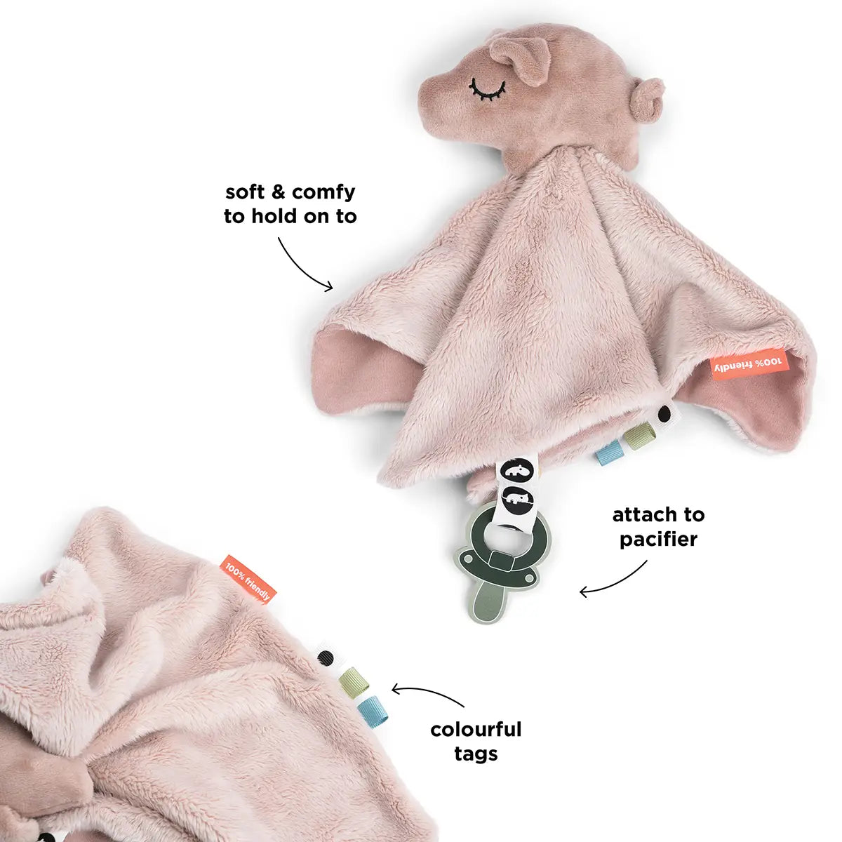 Doudou plat attache-sucette - Pigee - Rose