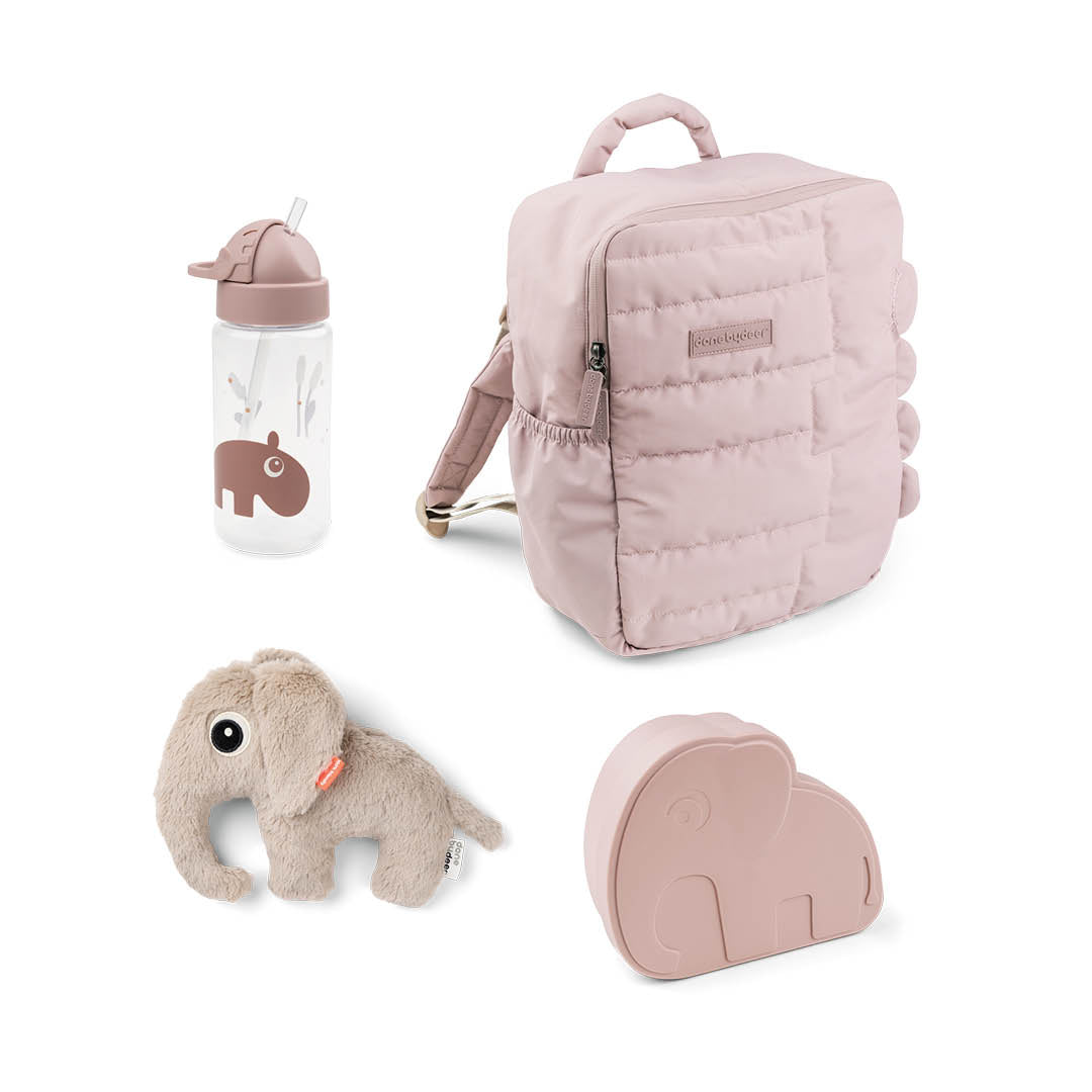 Powder Done by Deer backpack kit with quilted kids backpack, Done by Deer Kiddish lunch box with Elphee the elephant and an Ozzo the hippo drinking bottle, and an Elphee the elephant cuddle toy.