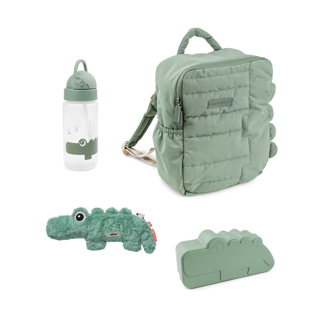 Green Done by Deer backpack kit with quilted kids backpack, Done by Deer Kiddish lunch box with Croco the crocodile and a croco the crocodile drinking bottle 