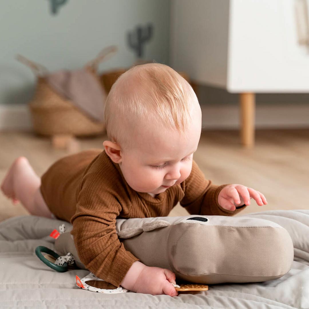 Child laying on its tummy playing with a toy crocodile