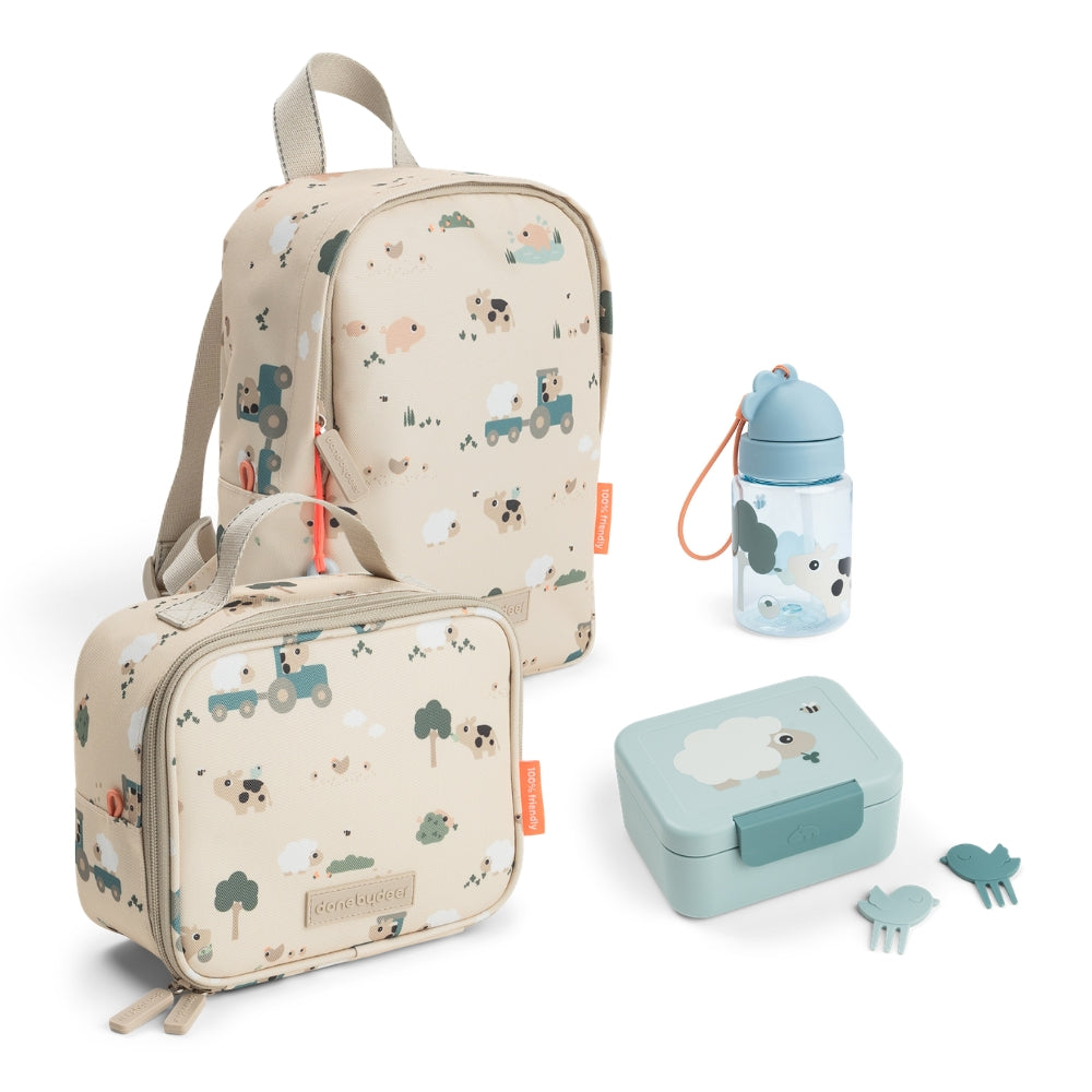 tiny farm daycare set with lunch bag - sand/blue