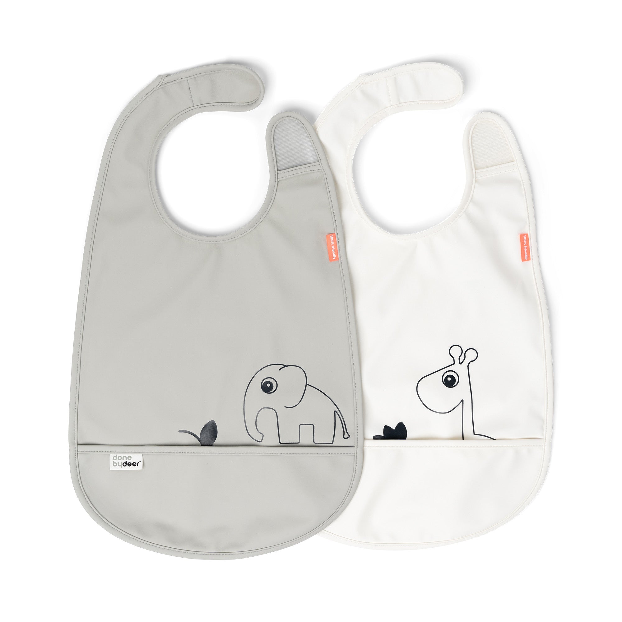 Bib with velcro 2-pack - Deer friends - Grey/Beige - Front