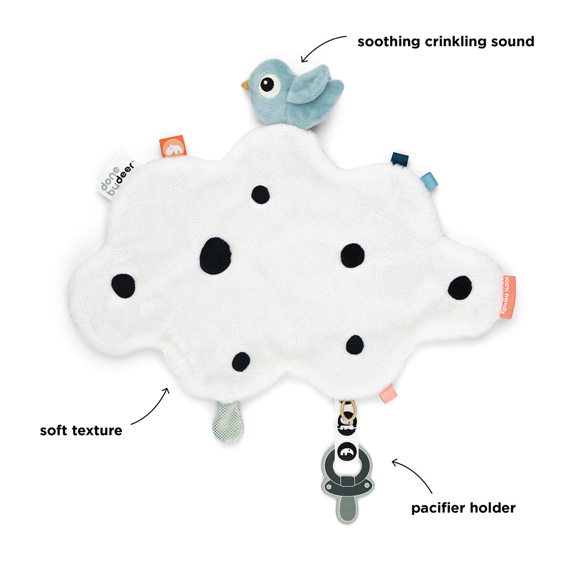 Doudou plat attache-sucette - Happy clouds - Bleu