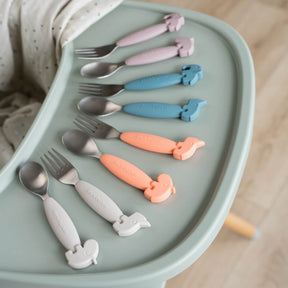 Easy-grip spoon and fork set - Deer friends - Blue