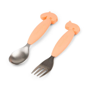 Easy-grip spoon and fork set - Deer friends - Coral