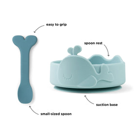 Silicone Stick&Stay bowl & baby spoon - Wally - Blue