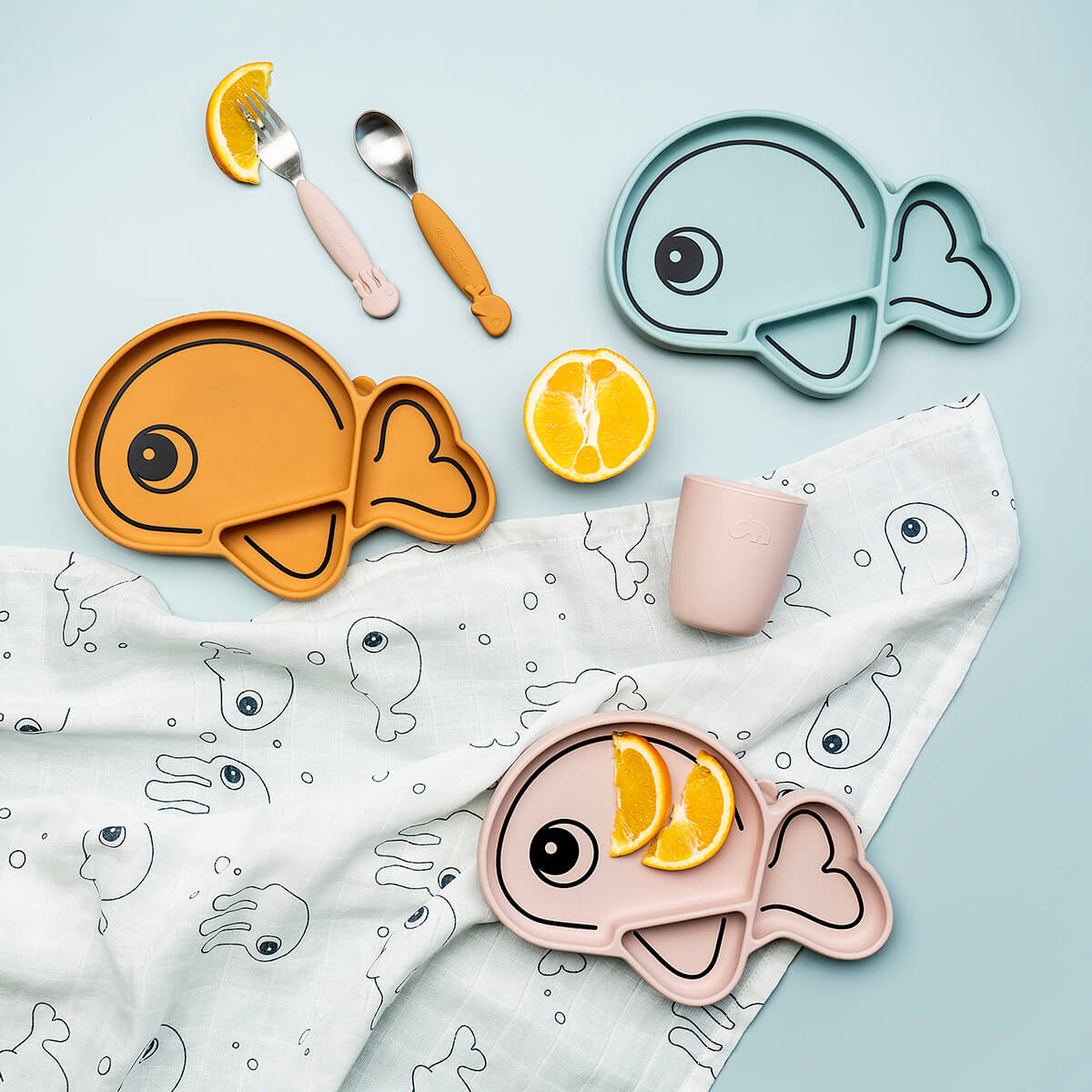 Easy-grip spoon & fork set - Sea friends - Mustard