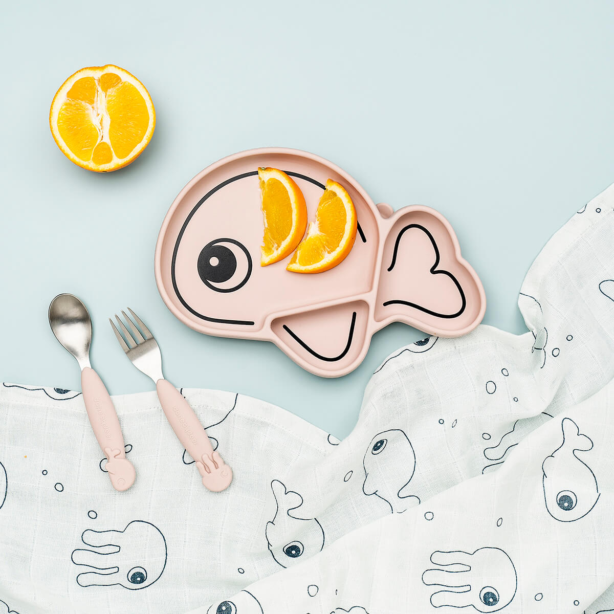 Easy-grip spoon & fork set - Sea friends - Powder